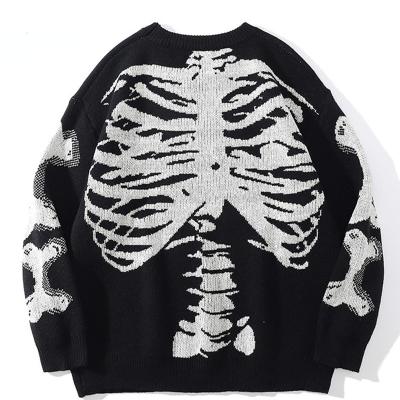 China Retro Skeleton Vintage Print Bone Black Sweater Men Knitted Sweater Loose Oversized Breathable Women Autumn Cotton Pullover Unisex 2021 for sale