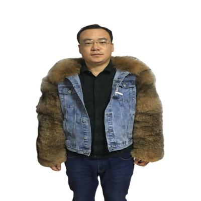 China New arrival QUICK DRY denim jacket with custom real Fox fur sleeve fox fur coats for man for sale