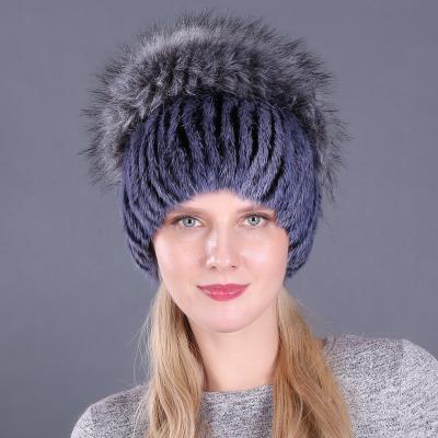 China Warm Color Rabbit Fur Hat COMMON Blue Fur Ball Hat Fox Fur Knit Hat for sale