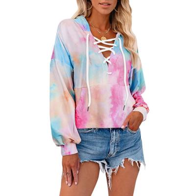 China 2021 OEM Breathable Women Casual Drawstring Lace Up Sweatshirts Tie Dye Loose Colorful Hoodies for sale