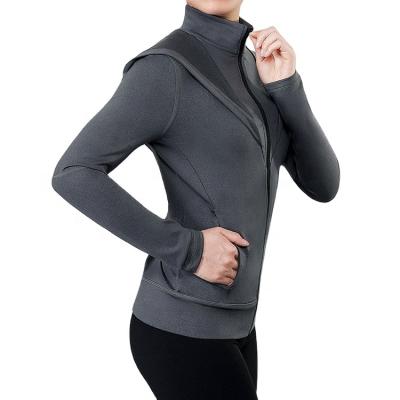 China Lady Friendly Breathable Fitness Full Skin Zipper Gray Hooded Yoga Jackets With Hidden Pocket for sale