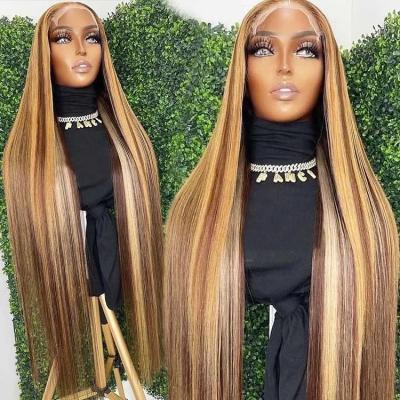 China 12a Vrigin Straight Raw Hair Wig Natural Color Cuticle Aligned Hair #4/27 Highlight 13x4 Lace Frontal Wigs for sale