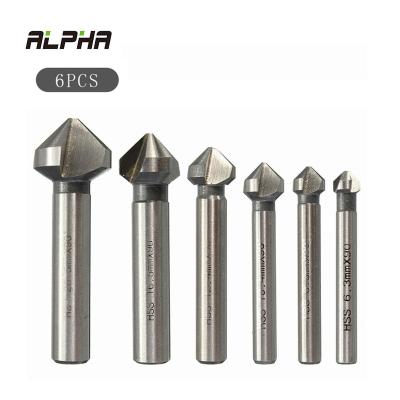 China HSS4241 ALPHA Round Shank 6pcs 3 Flute 90 Degree HSS Woodworking Countersink Drill Bit Set Chamfer Bit Chamfer Countersink Cutter for sale