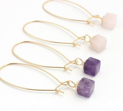 China Natural Crystal Brass Hook Pink Square Purple Stone Quartz Crystal Earring for sale