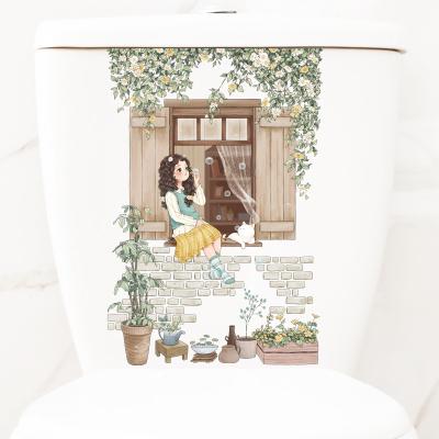 China Self-adhesion Plant Flower Toilet Stickers Bathroom Toilet Lid Decorative Stickers Cute Girl Waterproof Lovely PVC Stickers for sale