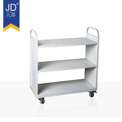 China Strong Steel Book Rack Shelf Mobile School Furniture Equipment Library Shelves With Wheels 3 Tiers Book Trolley Trolley Metal Steps for sale