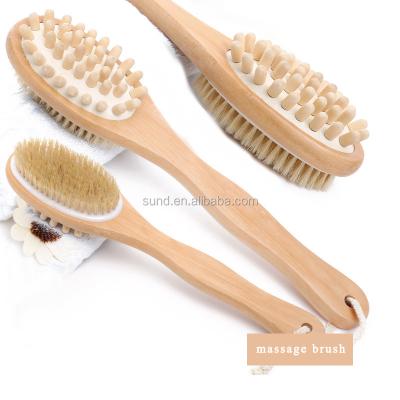 China Multifunctional double-faced wood&bristles bath brush with 100% natural,wooden dry massage long handle,gently exfoliate skin for sale