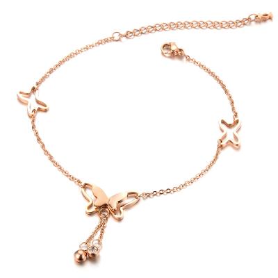 China Tornozeleira CLASSIC Personalized Rose Gold Foot Jewelry Stainless Steel Tasty Zircon Butterfly Adjustable Anklet Chain for sale