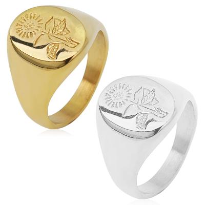 China CLASSIC Non Tarnish Jewelry Personalized Custom Sunflower Engraved Ring Statement Gold Plated Stainless Steel Seal Ring for sale