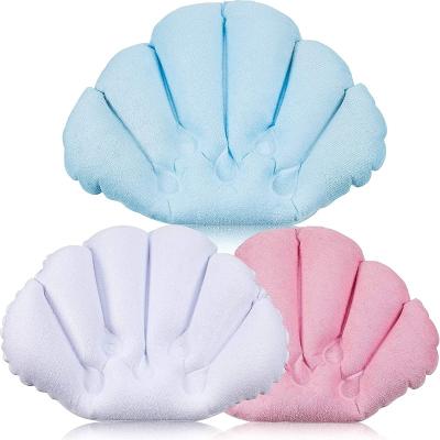 China Viable Inflatable Bath Pillow with Suction Cups, Terry Cloth Covered Bath Pillow Shell Shape Bathtub Spa Pillow Comfortable for sale