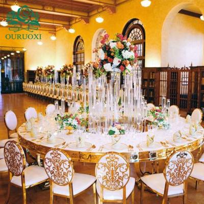 China Hotel Chair Royal Design Metal Stainless Steel Gold Carved Back Frame With PU Padded Chairs For Hotel Reception Banquet Dining Chair for sale