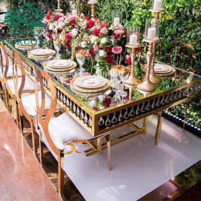 China (Other) Modern Design Adjustable Stainless Steel Gem Rectangle Glass Crystal Wedding Gold Table for sale