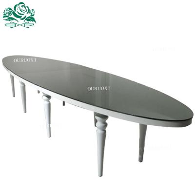 China Cheap Banquet Tables Oval New Black Glass Top Metal Only Convertible Wedding Wholesale for sale