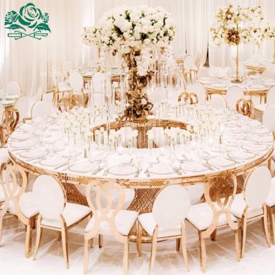 China Convertible Round White Top Frame Golden Half Moon Round Dining Table Stainless Steel For Wedding for sale