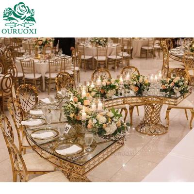 China Modern modern furniture 10 seater tempered mirror glass dining hotel wedding table for sale