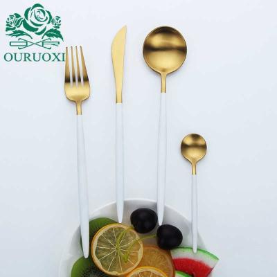 China Stocked Hot Selling Banquet Wedding Use Stainless Steel Gold Plated Flatware White Plated Dinnerware Set for sale