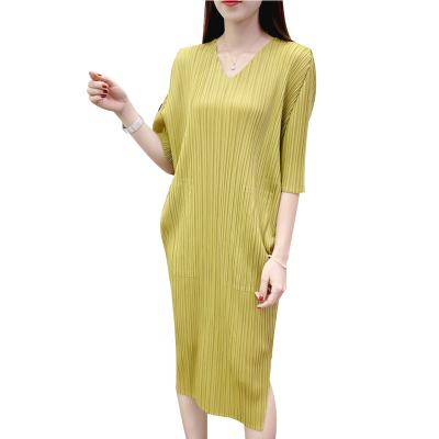 China FXZ Anti-wrinkle fashion loose over waist long summer loungewear women dress high quality v neck sexy ladies pleated dress dress for sale