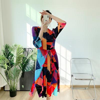 China Women plus-size FXZ spring lace printing miyake pleated dress a-line breathable/summer 2022 new design pleats dresses for sale