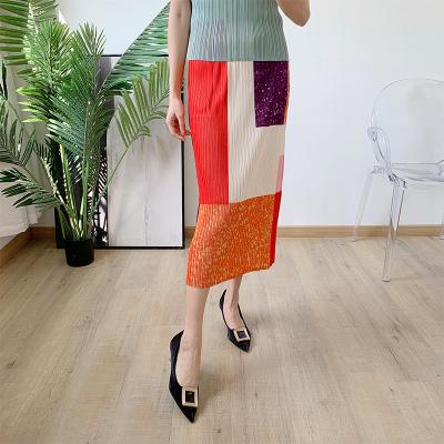 China FXZ 2022 new spring summer breathable printed high pleated straight waisted skirt issey miyake pleats women skirts for sale