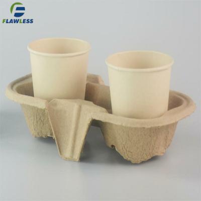 China 2 Compartments Biodegradable Coffee Paper Cup Carrier Tray Disposable Pulp Holder For Catering To Go Trolley for sale