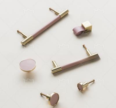 China 5 Inch Real Leather Handles Cabinet Brass T Bar Pulls Pink Single Hole Knobs for sale