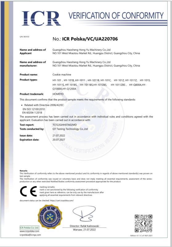 CE CERTIFICATE - Guangzhou Haosheng Hongyu Machinery Co., Ltd.