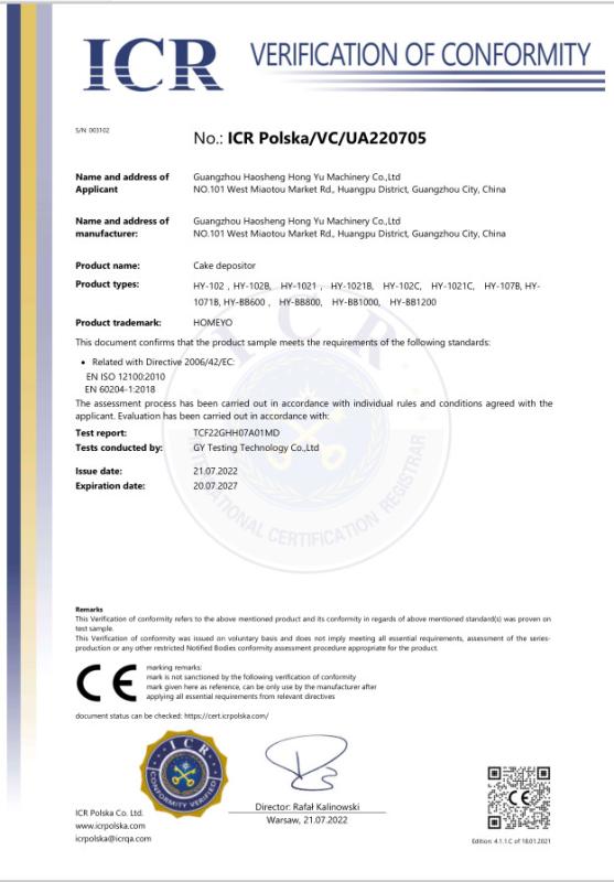 CE CERTIFICATE - Guangzhou Haosheng Hongyu Machinery Co., Ltd.