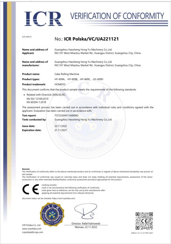 CE CERTIFICATE - Guangzhou Haosheng Hongyu Machinery Co., Ltd.