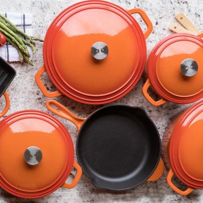 China Sustainable Hot Sale Round Enamel Cast Iron Red Amazon Cookware Die Cast Porcelain Cast Iron Cookware Set Casserole for sale