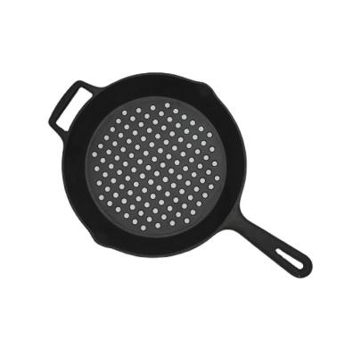 China New viable cast iron fry pan with holes 27.5cm bottom pre-seasoned cast iron fry pan/black pan/pizza pan for sale