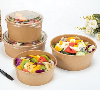 China 450/750/900/1000/1200/1300ML Food Grade Brown Kraft Paper Waterproof Biodegradable Disposable Waterproof Bowl With PP Lid for sale