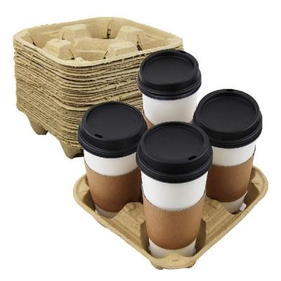 China 2021 Disposable Customized Degradable Wrapping Paper Take Out 2 Molded Paper 4-Compartments Juice Cup Holder Tray Pulp for sale