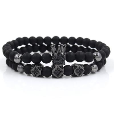 China 2020 New Hiphop Style Mens 2 Set Black Pearl Royal Crown With CZ Charm Bracelet for sale