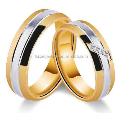 China Princess Wedding Band Gold Plated CZ Engagement Ring Mens Gold Plated Flat Ring Set Womens 18K Stainless Steel Couples for sale