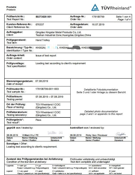 TUV load test report for Hand Trolley - ﻿Qingdao Kingstar Metal Products Co., Ltd.
