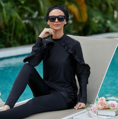 China Limanying Sustainable Supply High Quality Muslim Women Pure Conservative Swimwear Muslim Three Piece Swimsuit Burkinis Ruffle Burkinis for sale