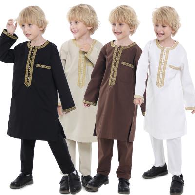 China Polyester Limanying Factory Price Solid Color Muslim Arab Boy 2 Piece Thobe Set Kids Abaya Dubai Eid Clothing For Kids Dress Gown for sale