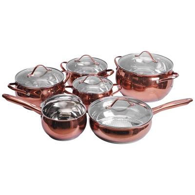 China Viable Hot Sales 12pcs Rose Gold Stainless Steel Cookware Silver Set Sauce Pans Casserole Set With Lid Stick Frying Pan No for sale