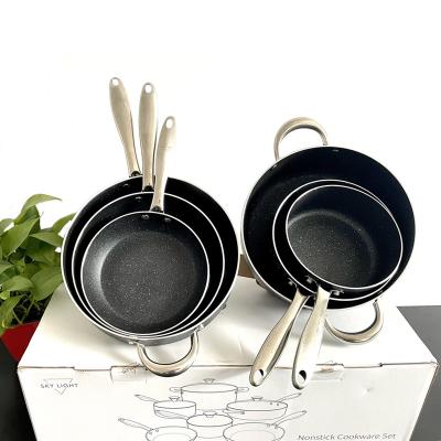 China Stocked 6 Pieces Set 5 Frying Pans 1 Non Stock Pot Stone Stick Multifunctional Medical Cookware Set for sale