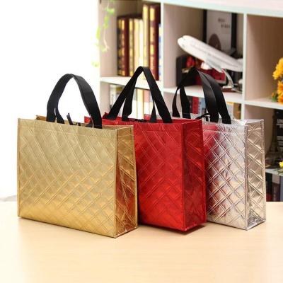 China Recyclable Gold Holographic Film Shopping Bag Shining Laser Film Non Woven Tote Bag for sale