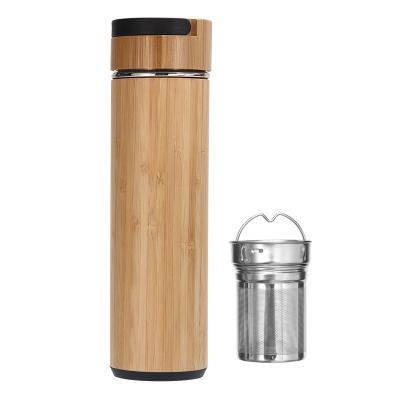 China New Double Wall 550ML Sustainable Wholesale Stainless Steel Bamboo Water Bottle Bamboo Thermos With Tea Infuser for sale