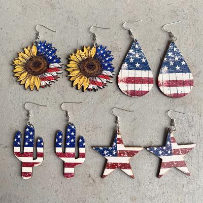 China TRENDY Geometric Leather Independence Day American Flag Earrings Stars Stripes Print Sunflower Earrings for sale