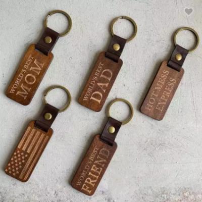 China Custom Creative Engraved Pendant Key Chain Retro Daily Life Letter Key Chain Parent Friend Gift Flag High Quality Leather Wooden Bar for sale