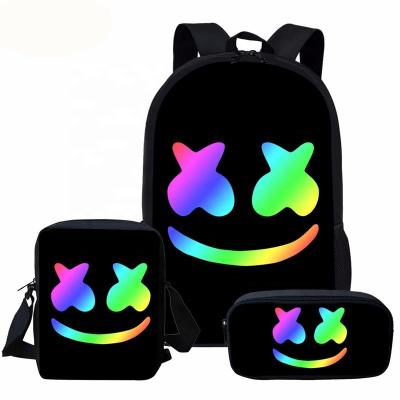 China Marshmello Primary School Waterproof Nylon Backpack Three Pcs Top Hold Books And Pencil Case Set Backpack Marshmell Bookbags For Students for sale