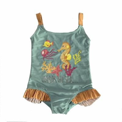 China Breathable Customize Quick Dry Hippocampus Pint UPF 50+ Ruffle Girls Swimwear Beach One Piece Swimwear For Toddler Kids girl age for sale