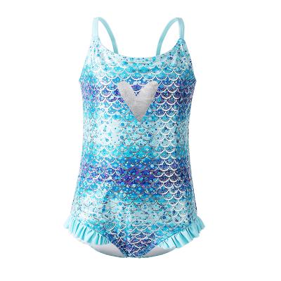 China Breathable One Pieces Summer Fish Scales Print Sleeveless Condole Waistband Kids Swimwear for sale