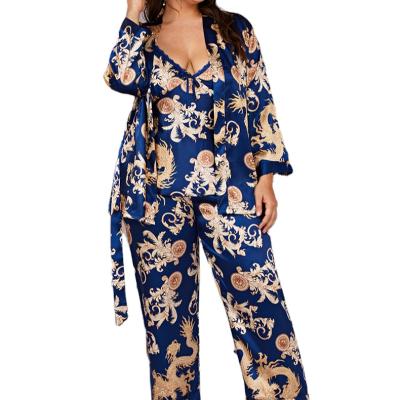 China QUICK DRY Ladies Pajamas Suspenders Pants Long Silk Robe 3 Pieces Set Ice Silk Pajamas for sale