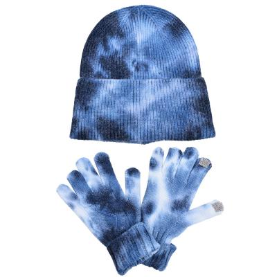 China COMMON Tie Dye Winter Knit Beanies Gloves Set Tie Dye Cable Knit Hats Ski Hats Slouch Unisex Warm Beanie Hat Skull Beanie Hats for sale