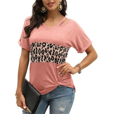 China QUICK DRY Summer Women Leopard Print Spliced ​​Patchwork V Neck Short Loose T-Shirt for sale