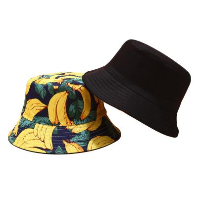 China Custom Character Factory Wear Double Side Bucket Hat Fruit Printed Wide Brim Hat Fishing Sun Foldable Hat for sale